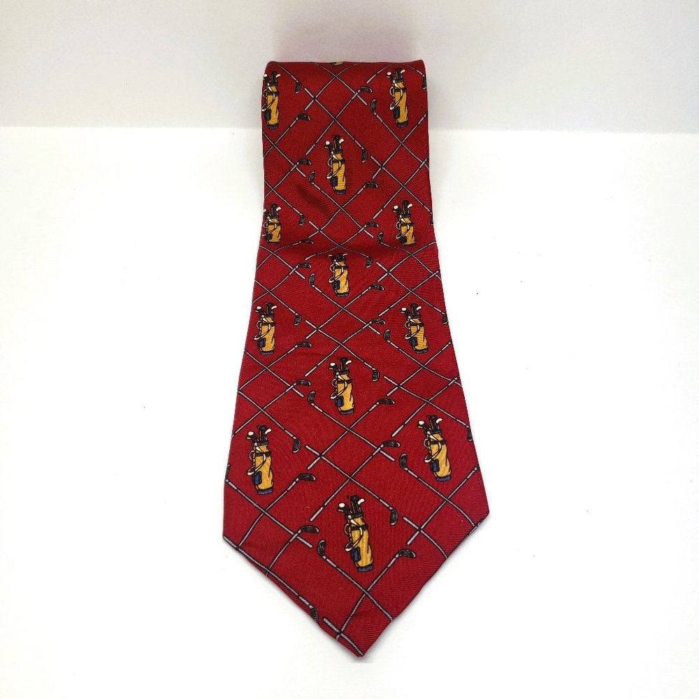 Vtg Spencer & Lowe Silk Tie Golf Clubs Bag Red 3.75" Wide 57.5" Long